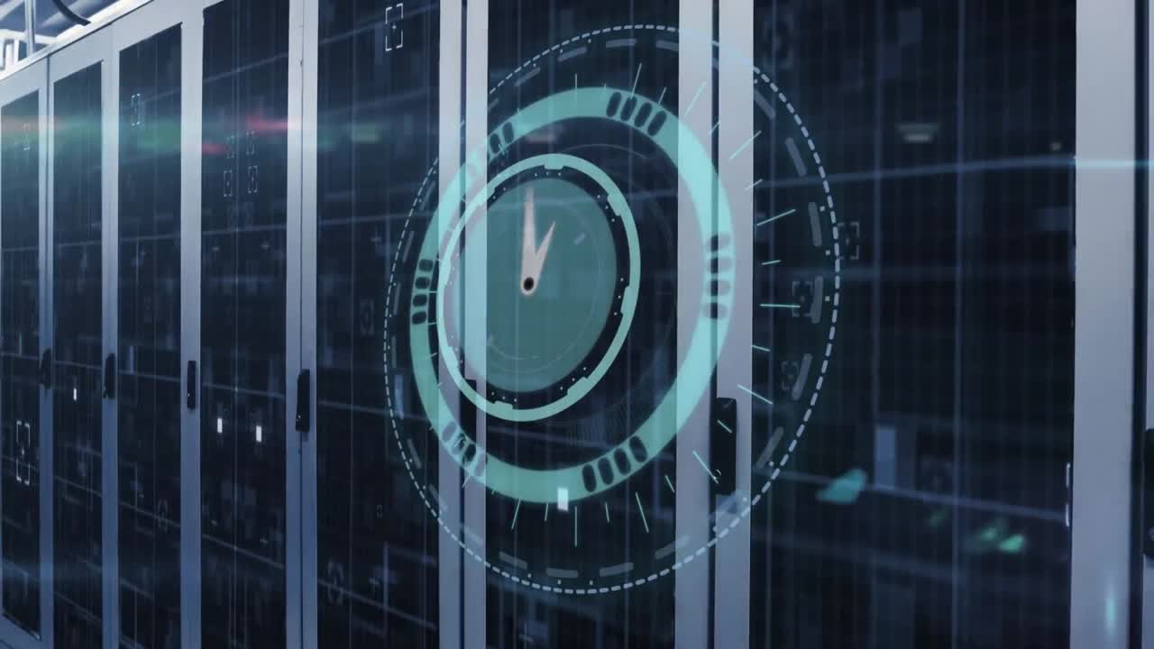 Animation of clock and data processing over tech room with computer servers