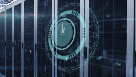 animation of clock and data processing over tech room with computer servers