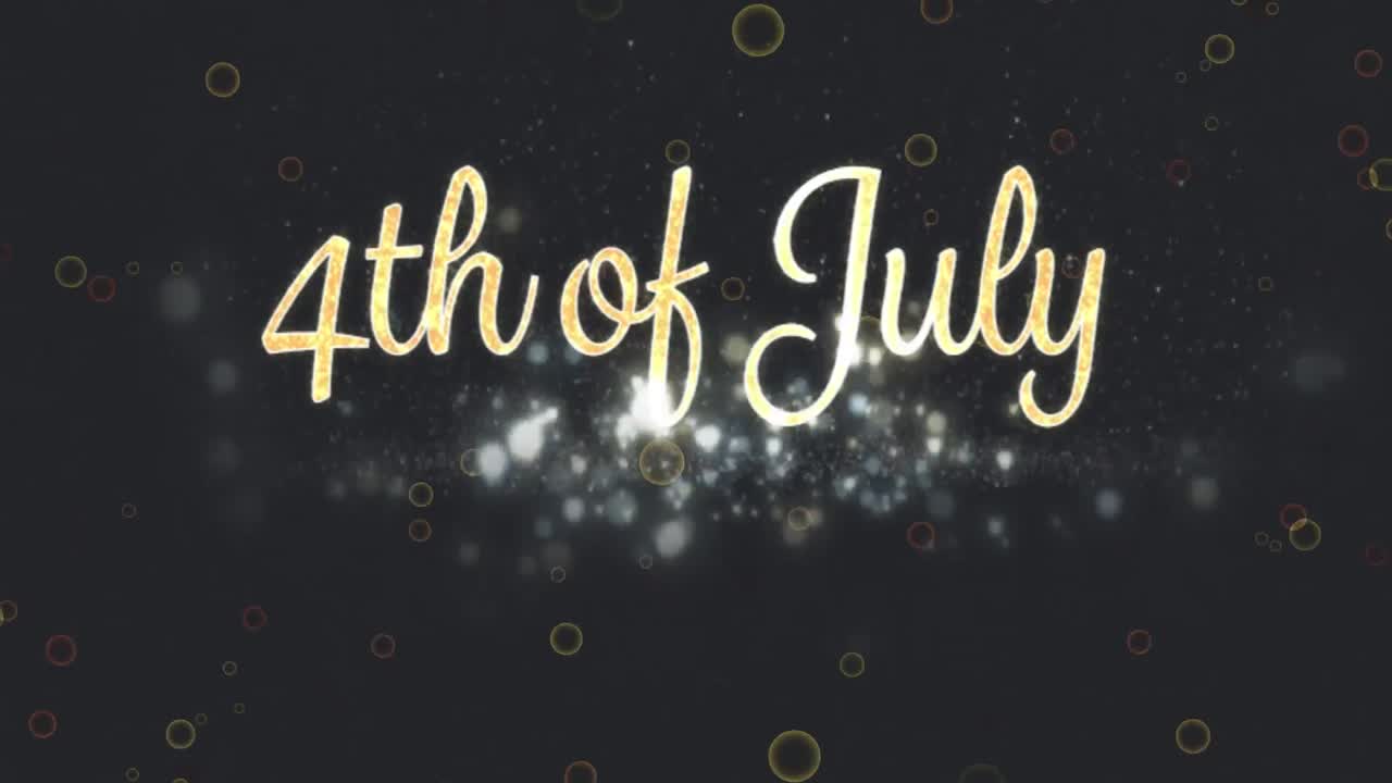 animación del 4 de julio texto y luces de hadas sobre fondo negro