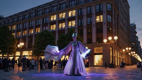 street performer in glowing dress at night