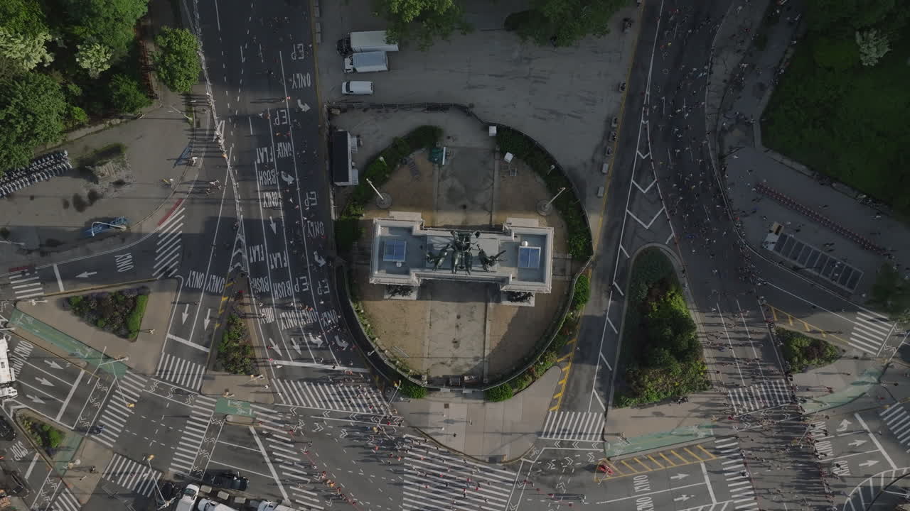Aerial view of participants running the Brooklyn Half Marathon. Shot at Grand Army Plaza in New York City.