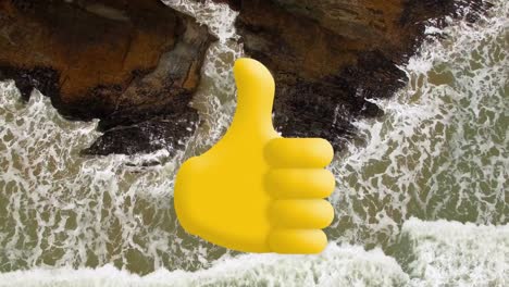 digital composition of thumbs up icon against aerial view of waves in the sea