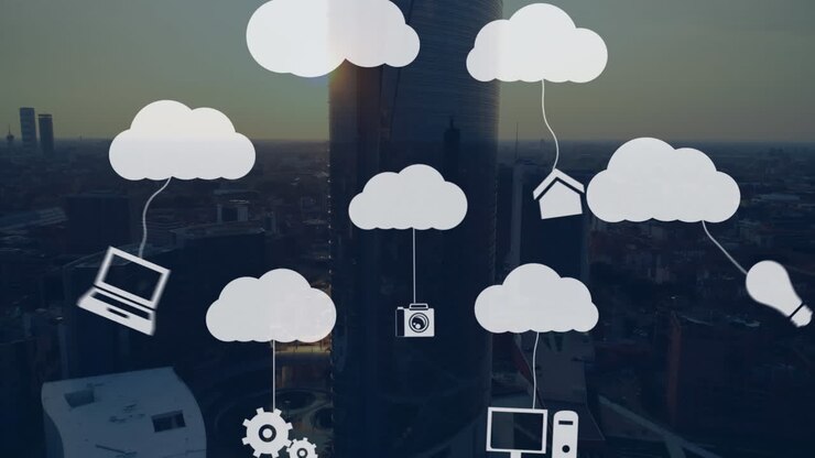 Animation of application icons hanging with clouds over aerial view of skyscraper at sunset
