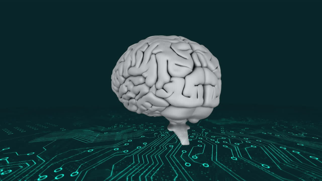 Animation of human brain over circuit board pattern against black background