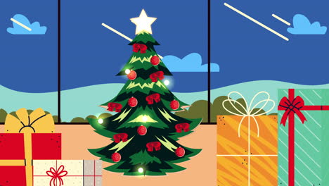 animación de feliz navidad con pino y regalos escena del hogar