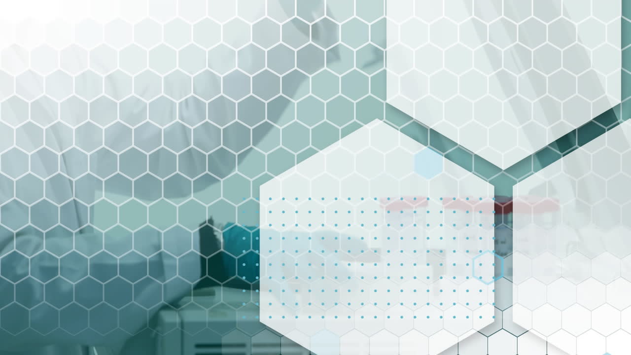 animación de múltiples hexágonos sobre el investigador colocando tubos de ensayo en la máquina de examen