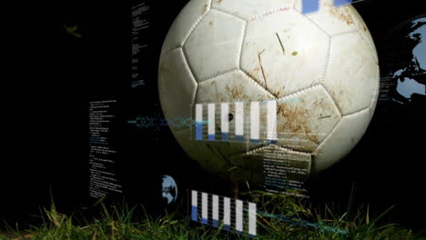 white soccer ball being animated in 3d render with digital data overlay on rough grass