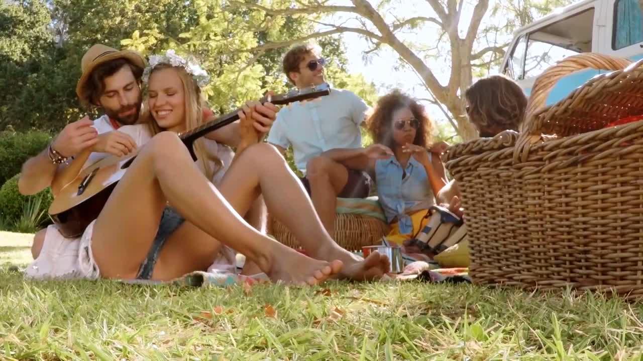 Hipster friends having fun at music festival