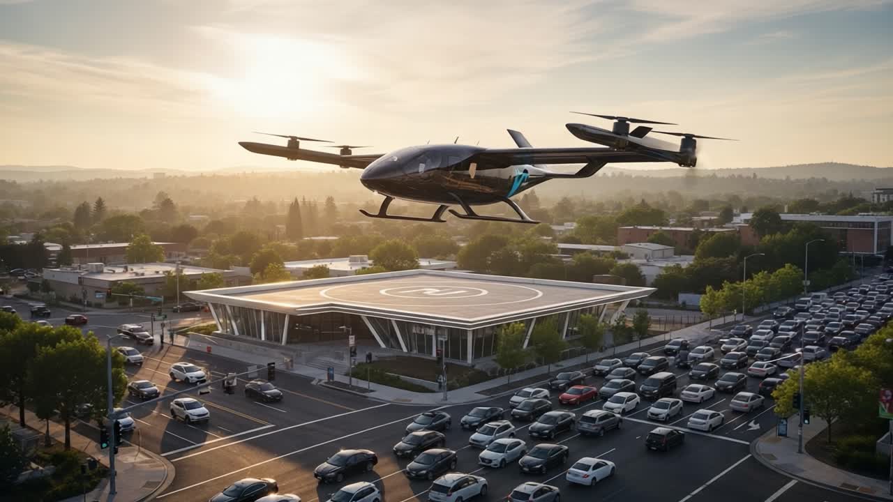 Futuristic Urban Air Mobility: Electric Autonomous Vehicle Soaring Over Traffic, Showcasing Advanced Transportation Solutions and Enhanced Connectivity in City Landscapes