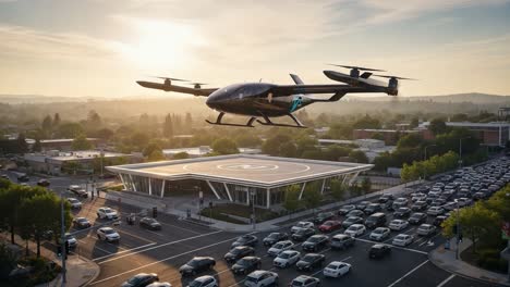 futuristic urban air mobility: electric autonomous vehicle soaring over traffic, showcasing advanced transportation solutions and enhanced connectivity in city landscapes