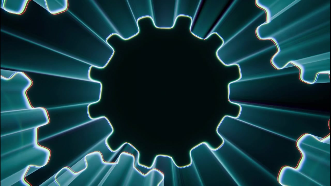 Primo piano di sagome di ingranaggi interconnessi che formano un cerchio radiale attorno a un profondo vuoto centrale nero, con bordi tracciati da una luce di contorno ciano neon e verde acqua, una sottile frangia cromatica rossa e viola e un contrasto metallico.