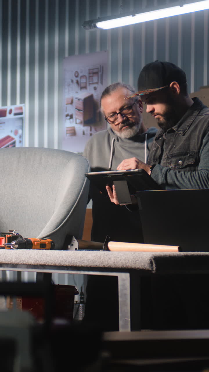 dos profesionales colaboran en el diseño de muebles en un taller