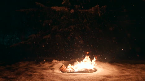 erratic flames dance at night from fire made in snow during snowfall