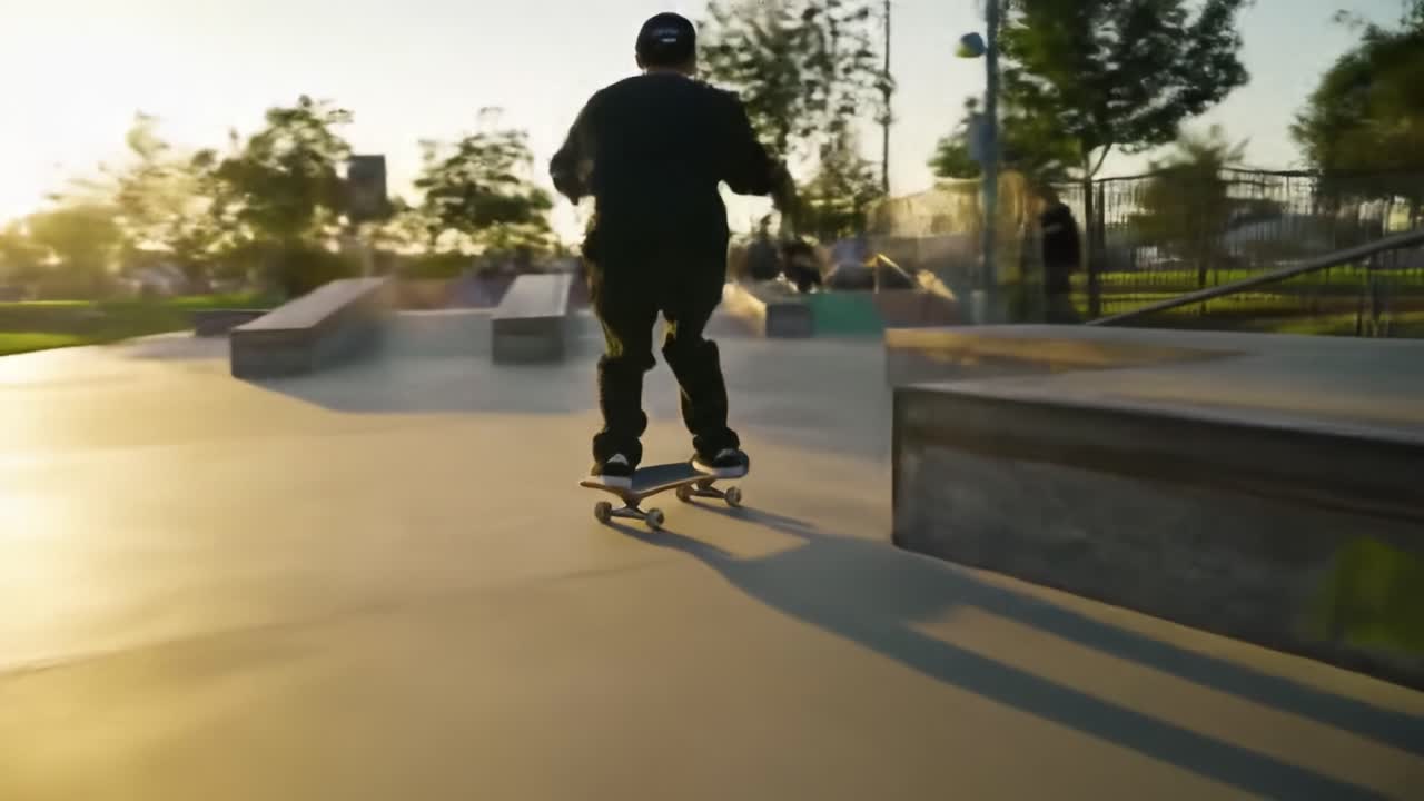 Skateboarder performing trick in skatepark at sunset