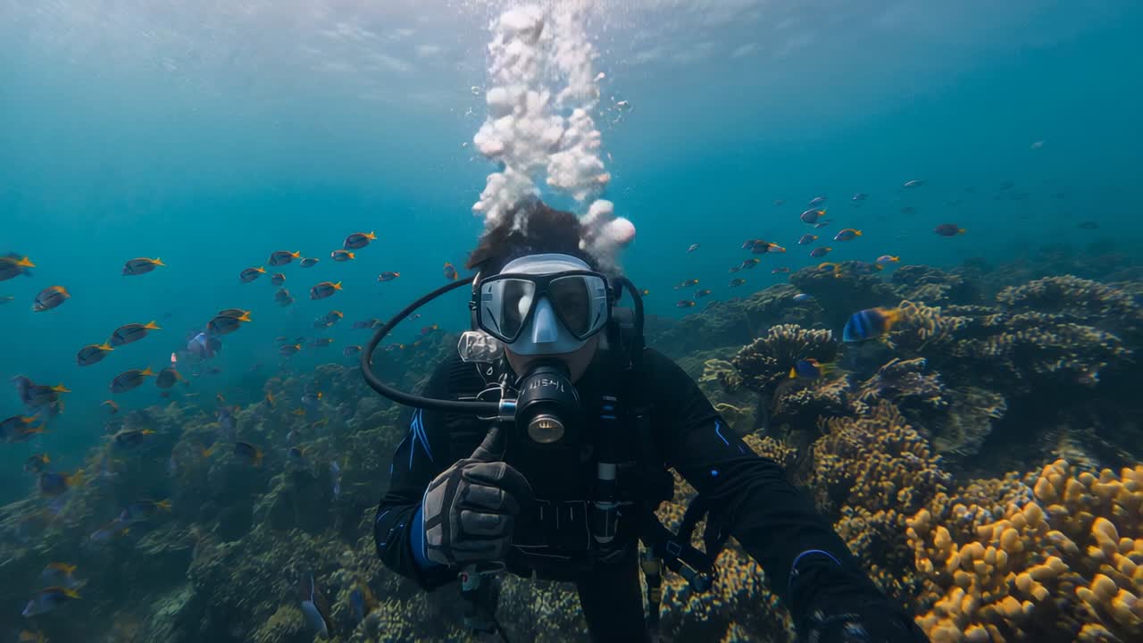 Gripping regulator, scuba diver in wetsuit and scuba tank exhaling bubbles at coral reef with fish
