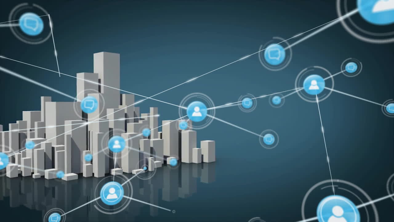 red de conexiones y animación de procesamiento de datos sobre el paisaje urbano