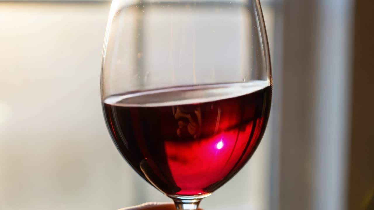 Gli elementi essenziali per apprezzare il vino: uno straordinario viaggio visivo attraverso l'eleganza e il colore intenso di un bicchiere di vino rosso, catturato in una splendida luce naturale