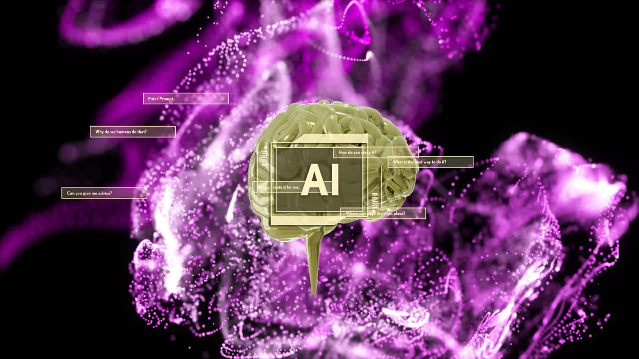 Animation of digital brain with ai text over pink spots