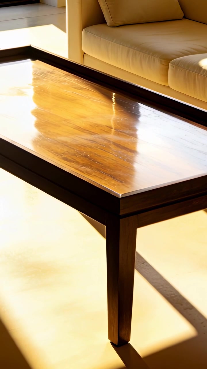 Vertical video: Panning camera tracing window light across wood table and sofa at home making glare