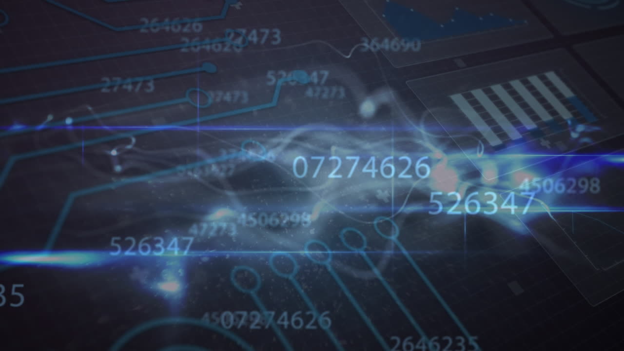 데이터 프로세싱의 애니메이션 - 빛 트레일 위의 숫자