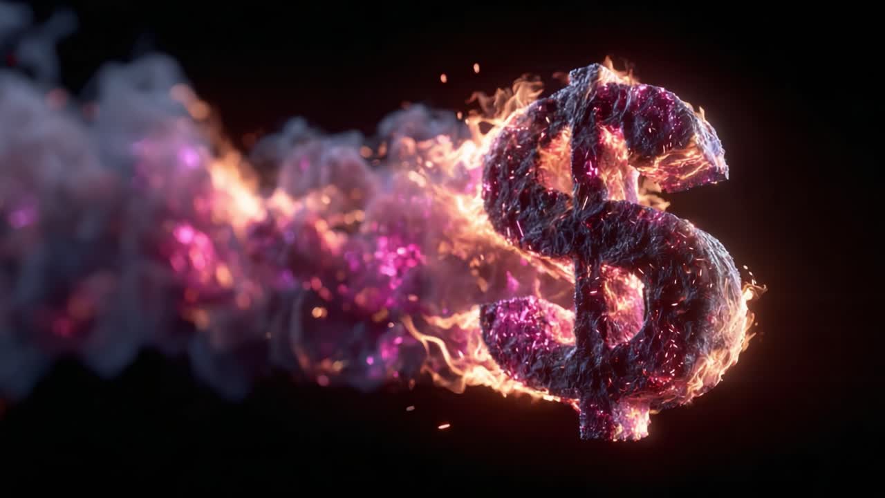 Dijital bir sanat çalışmasında zenginliği, gücü ve para biriminin enerjisini temsil eden, renkli alevler ve dumanlar içinden fırlayan bir Dolar İşaretinin Dinamik Görselleştirilmesi