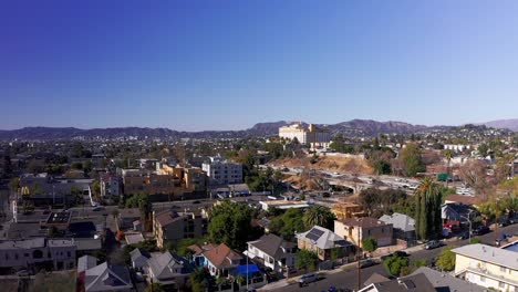 Descending-aerial-shot-of-the-101-Freeway-towards-Hollywood