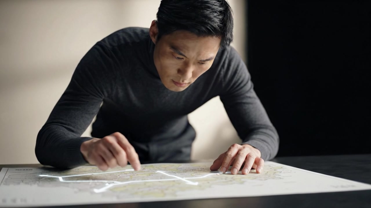 薄暗い環境の中、テーブルに身を乗り出して詳細な地図を分析する集中した人物。戦略的な意図を持って地形やルートを研究し、線をなぞっています。