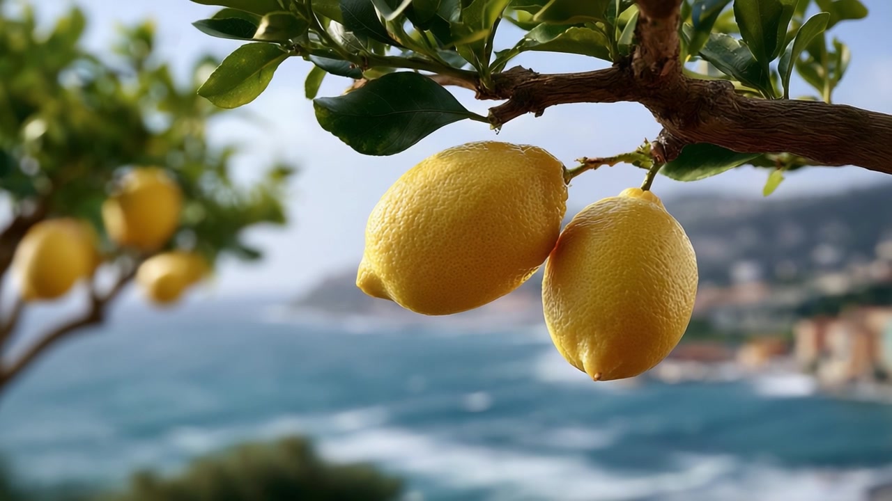 Limoni gialli vivaci appesi a un rigoglioso ramo verde che si affaccia su una splendida vista costiera con onde delicate sullo sfondo.