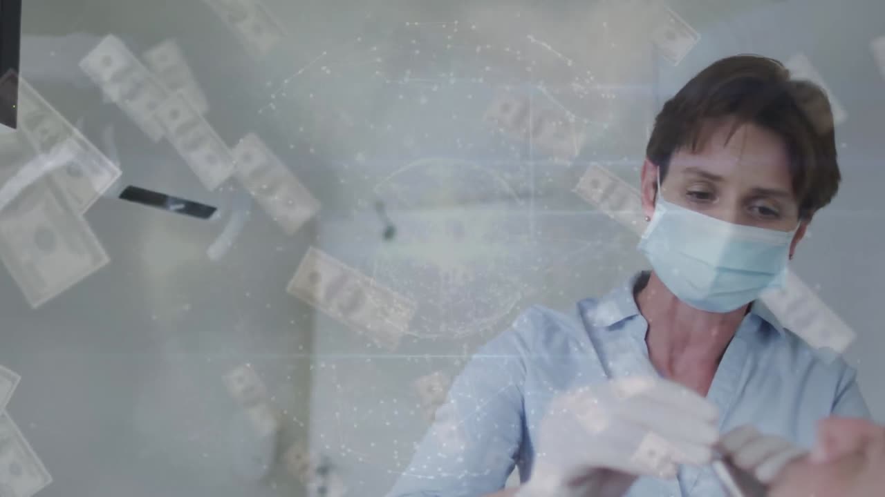 데이터 처리 및 지폐의 애니메이션 백인 여성 의사