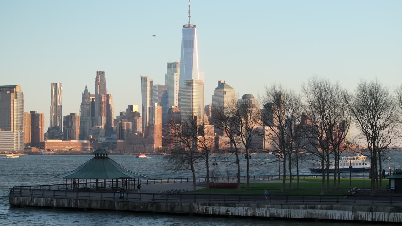 Aerial view of The World Trade Center and the Hoboken Waterfront. Shot at dusk in New Jersey along The Hudson River.