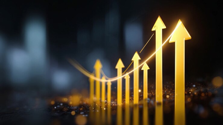 An Artistic Representation of Growth and Progress Illustrated by Glowing Golden Arrows Rising to Reflect Increasing Success and Achievement in a Dark Background