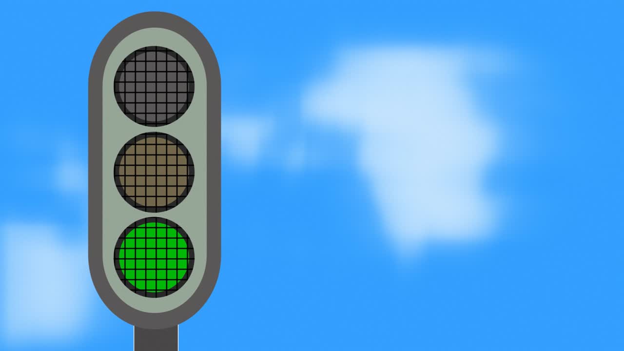 una luz de tráfico de dibujos animados parpadeando contra un cielo nublado