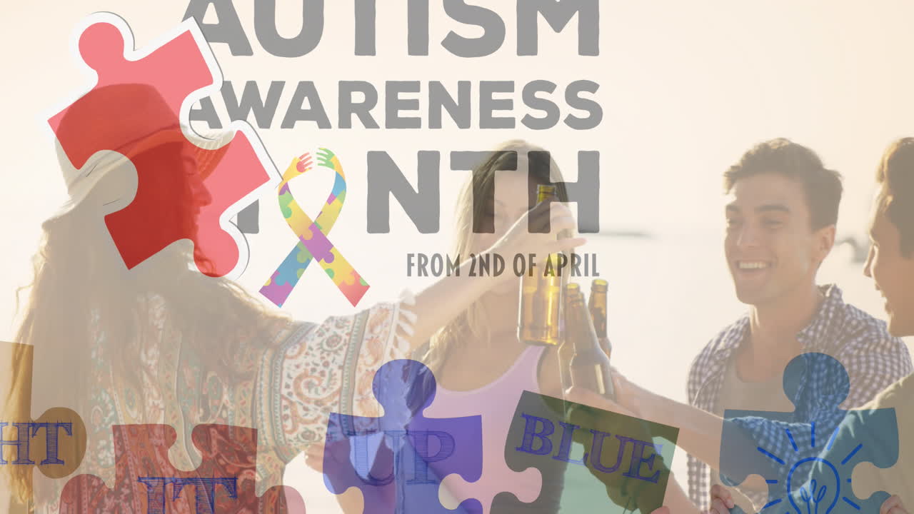 анимация красочных кусочков пазла и текста об аутизме над счастливыми друзьями на летней пляжной вечеринке