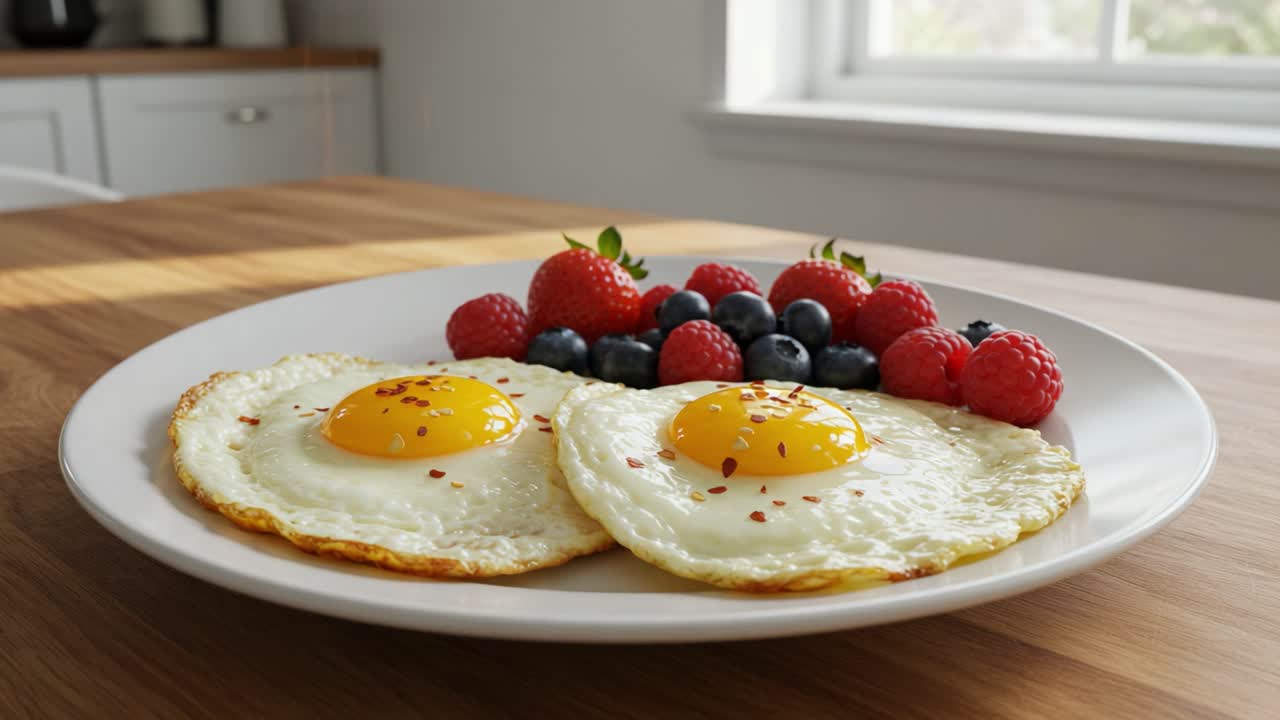 A Close-up of a Delicious Breakfast Plate Featuring Perfectly Cooked Sunny-Side-Up Eggs Garnished with Spices Alongside Fresh Berries for a Nutritious Start to the Day