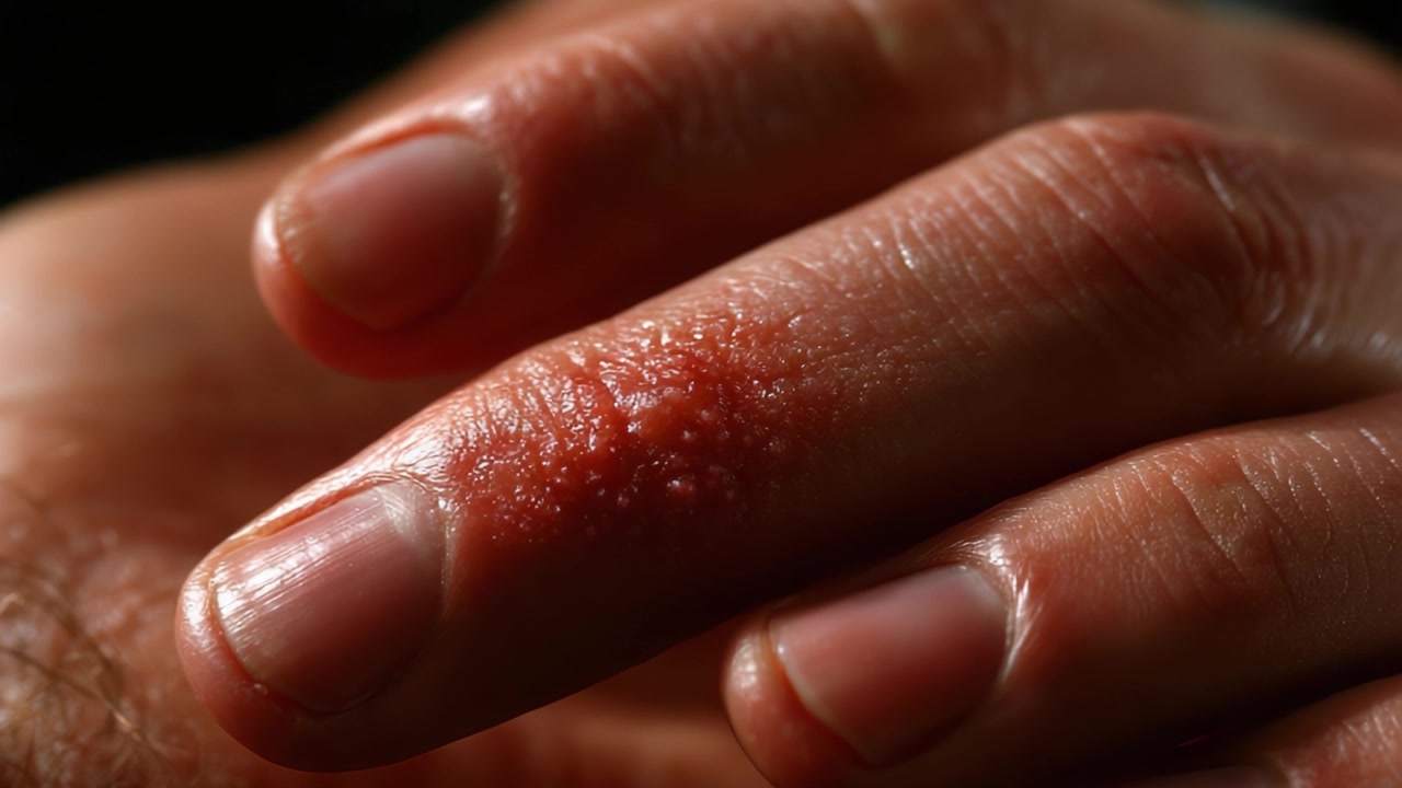 Close-Up Examination of Skin Condition with Red Bumps on Finger, Highlighting Texture Changes and Possible Causes for Concern in Dermatological Health