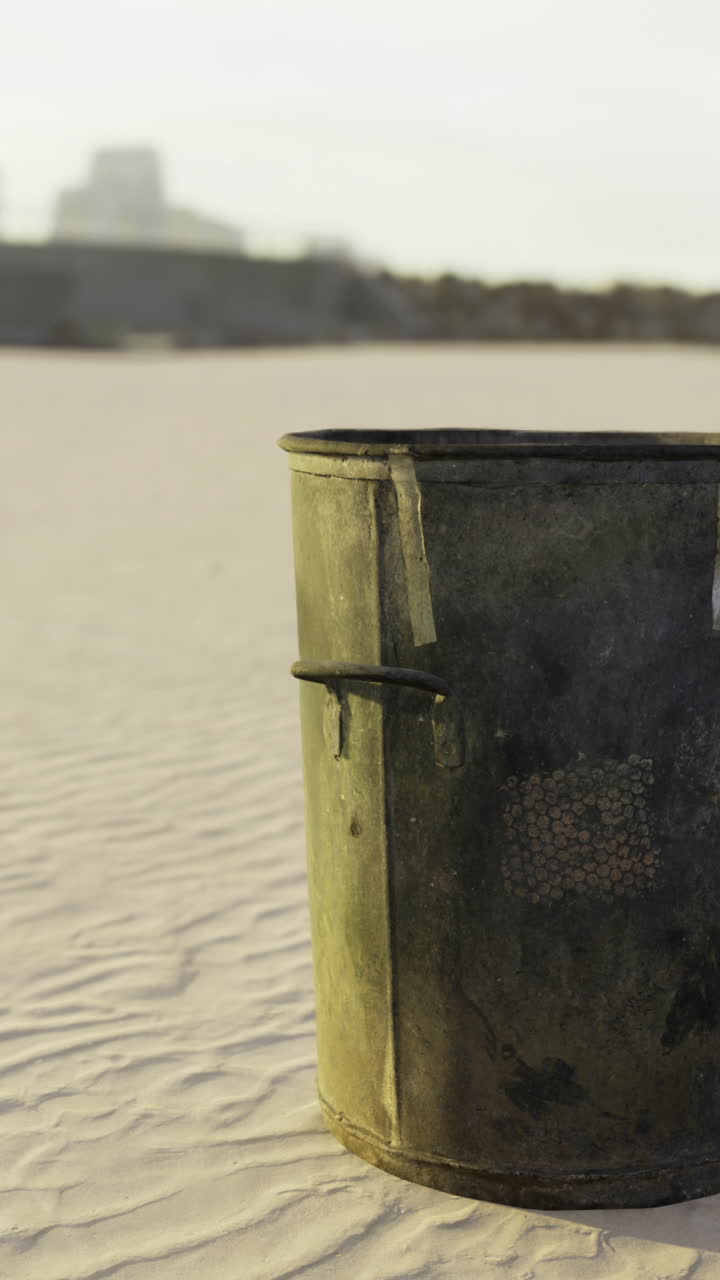 Lonely trash can rests on the sandy beach at sunrise in a quiet coastal town