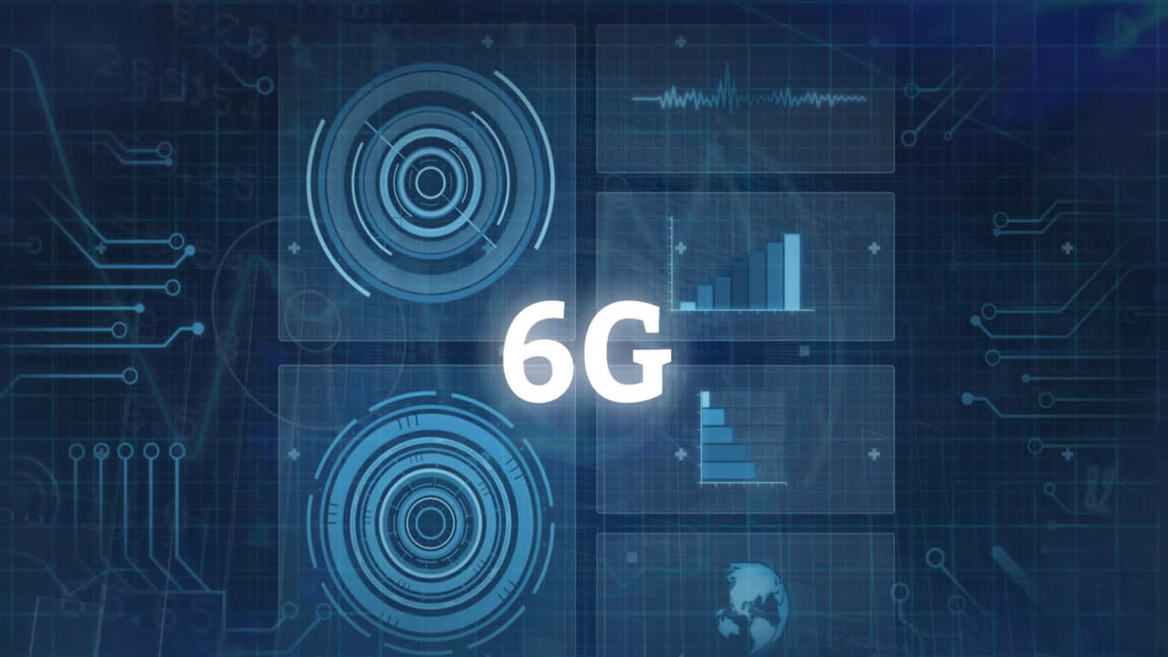 animación de texto de 6 g sobre procesamiento de datos, escáneres redondos y conexiones de microprocesadores