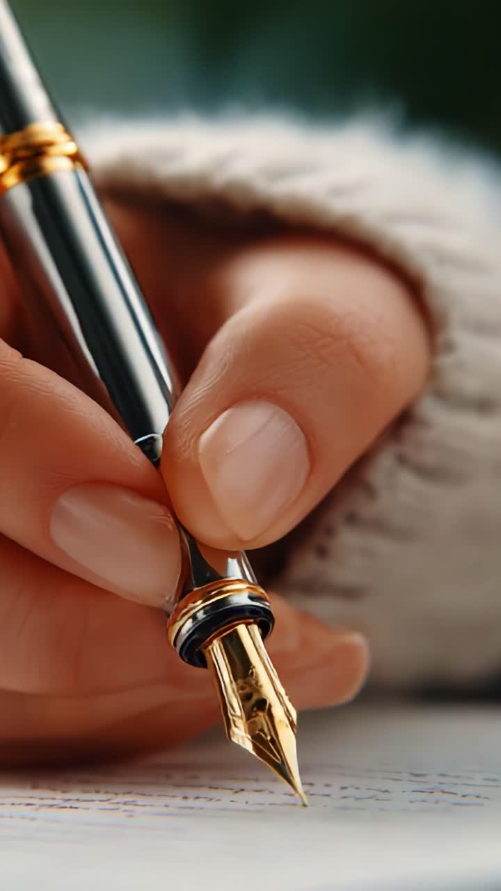A Close-Up of a Hand Holding a Fountain Pen, Capturing the Artistic Process of Writing on Paper with Elegance and Precision, Focused on the Intricate Design of the Nib and the Flowing Ink