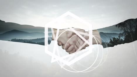 animation of white shapes and business people shaking hands over landscape