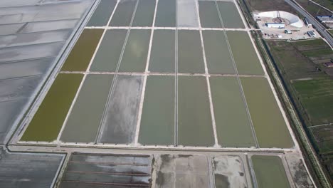 drying sea salt on flat pools with seawater and factory for packaging the natural product