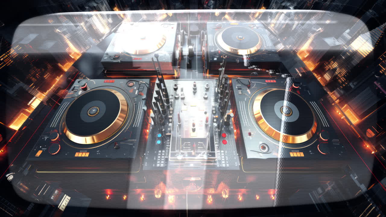 사이버 크 시의 스카이 라인과 dj 튜너 테이블