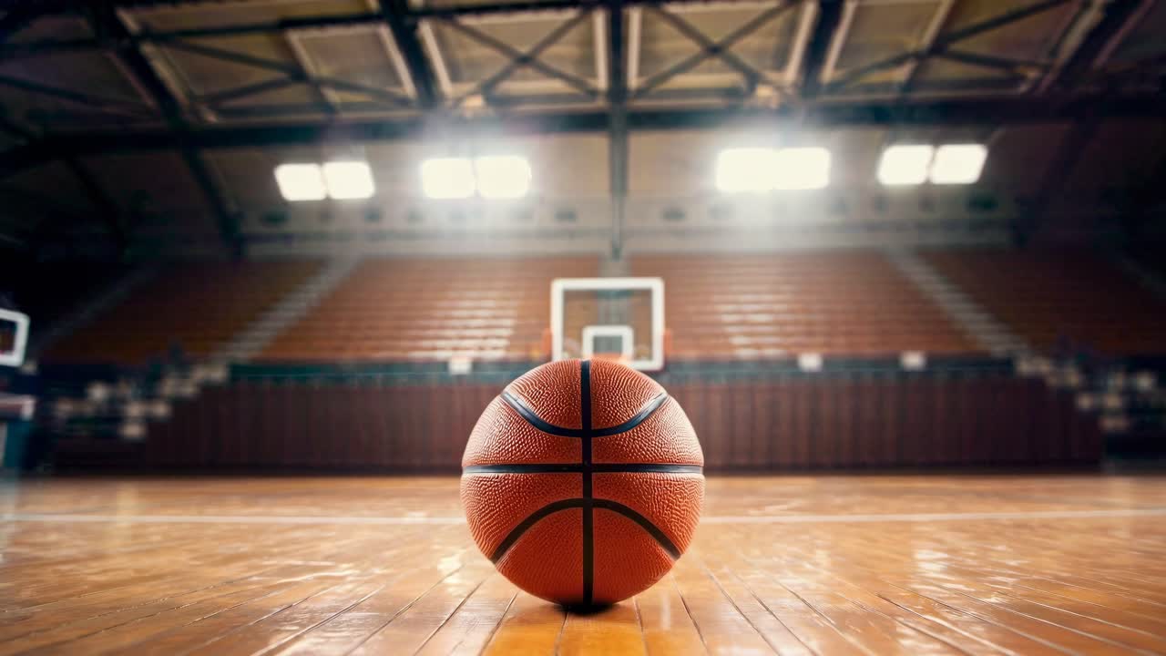 Toma en ángulo bajo de una pelota de baloncesto en una cancha, con una canasta borrosa al fondo