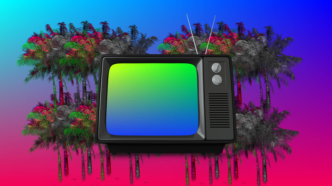Old television and palm trees 4k