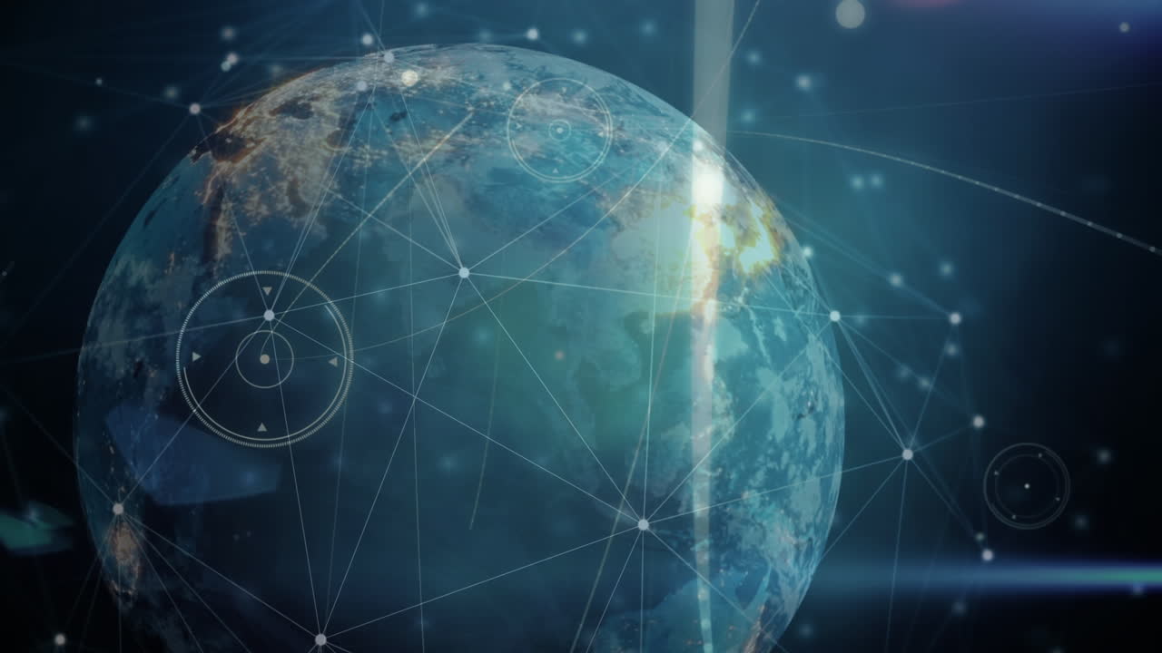 animación de una red de conexiones con luces sobre un globo giratorio