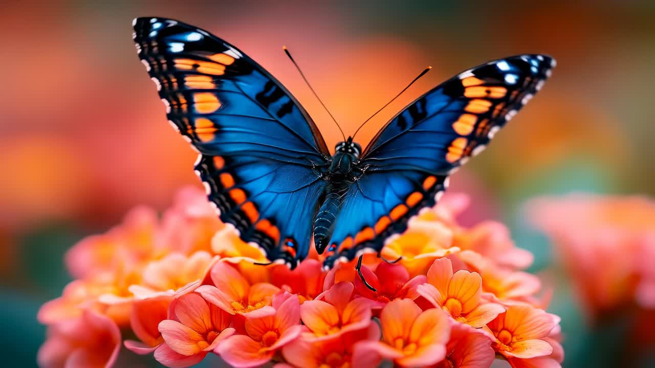 Farfalla posata su fiori in un giardino. Una farfalla blu si posa su fiori in piena fioritura in un giardino soleggiato, circondata da petali colorati.