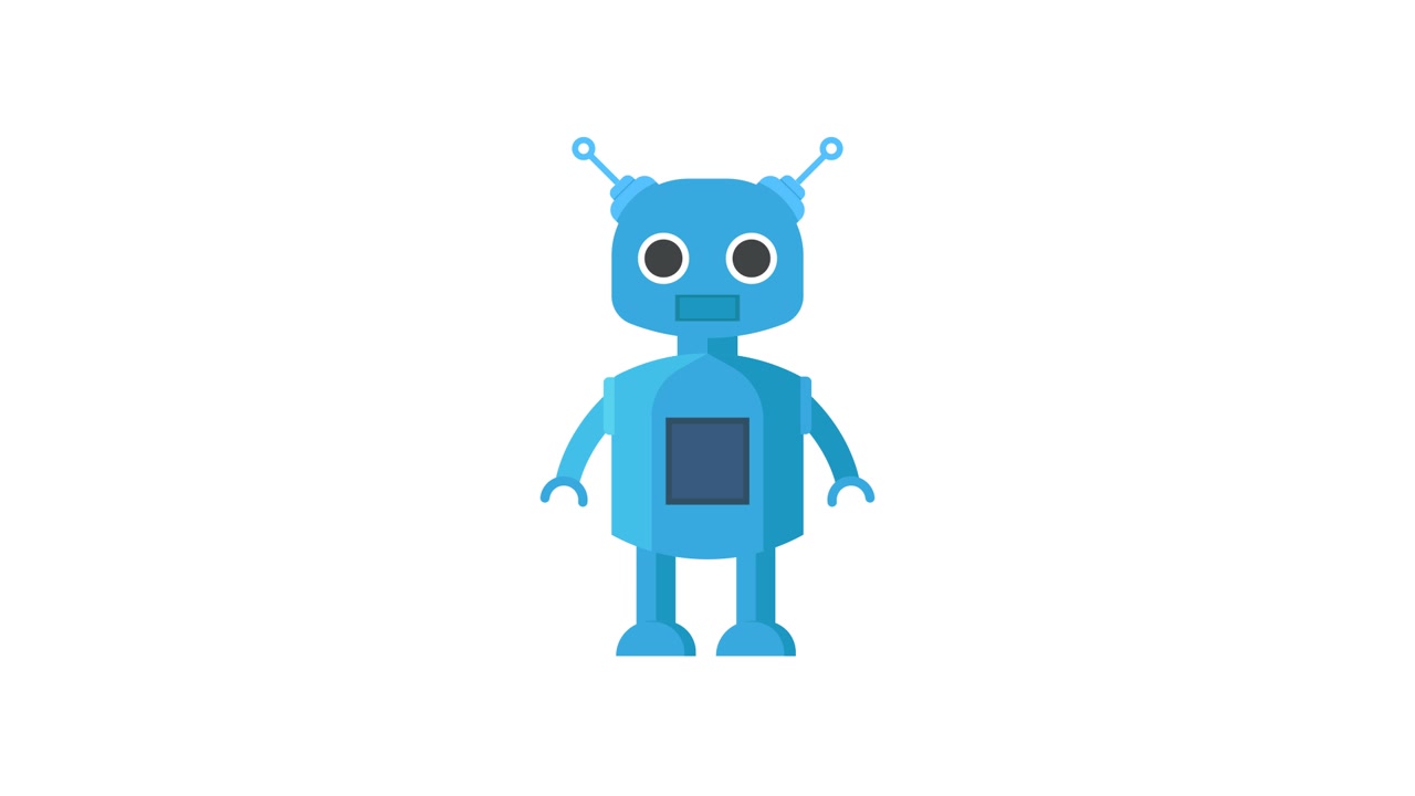 Animazione di un simpatico personaggio robot blu che appare e scompare
