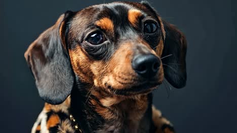 a brown and black dog with a leopard print collar