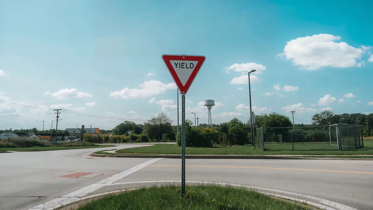 Zooming camera moving closer to red YIELD sign at town intersection, revealing water tower