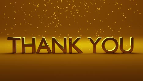 el texto 3d "gracias" con color dorado se coloca en un fondo dorado gradiente. partículas de oro brillantes están cayendo desde el lado superior. mensaje de decoración, utilizable como saludo.