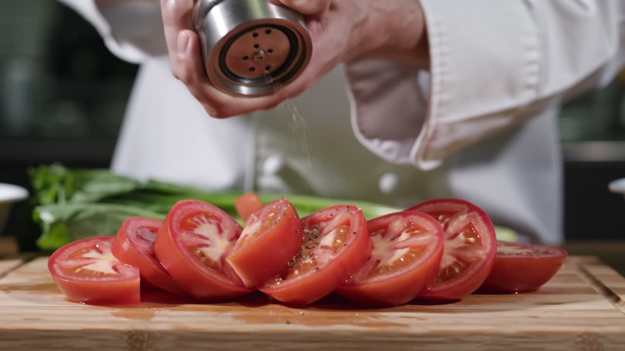 Professional chef hands seasoning fresh sliced tomatoes with pepper mill on wooden board in kitchen